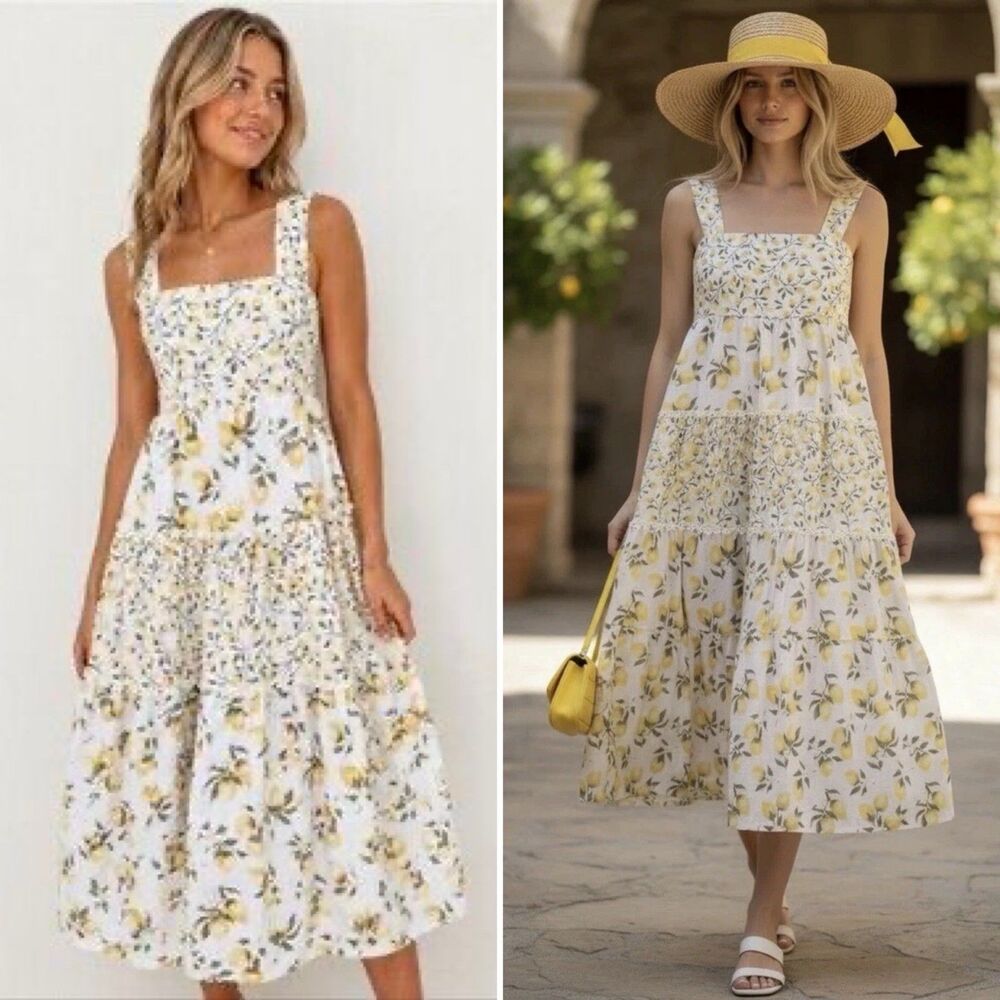 Haute Hippie Lemon Print Tiered Midi Sundress Dress 4